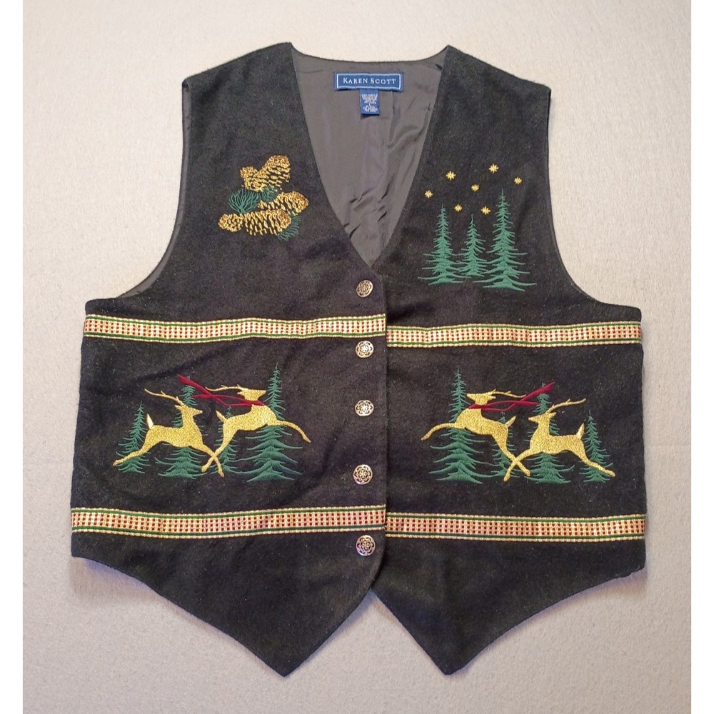 Karen Scott Christmas Deer Vest Sz‎ L Black Holiday Vest Pinecones Gold Accents